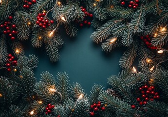 Poster - Festive Christmas frame with fir branches, berries, and fairy lights on a dark green background.