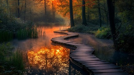 Aufkleber - Winding wooden path through misty autumn forest reflecting sunset in calm water.