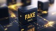 © Pojjanee - Black Cube with Fake Fact Text on a Digital Background with Data Grid and Cyber Technology Elements