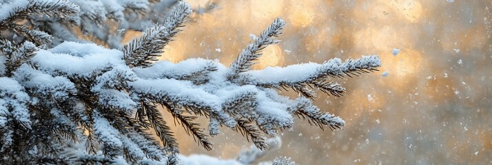 Aufkleber - Snow-covered pine branch during a snowfall with a warm background.