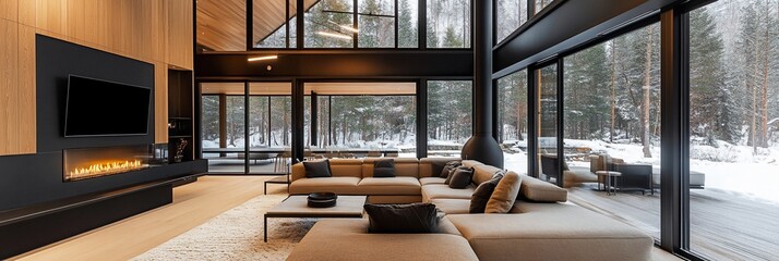Poster - Modern living room with large windows, fireplace, and sectional sofa overlooking snowy forest.