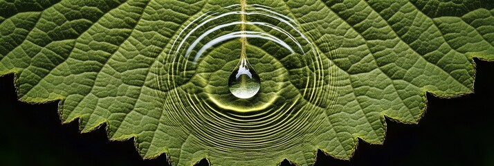 Poster - Water droplet on a green leaf creating concentric ripples.