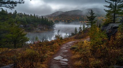 Poster - Misty autumn morning trail overlooking serene lake and colorful forest.