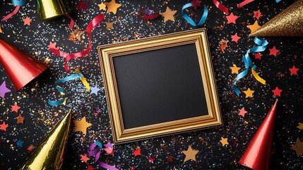 Poster - Gold frame mockup on festive confetti background.