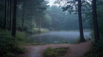 Poster - Misty morning scene of a tranquil forest pond with a dirt path leading to the water's edge.