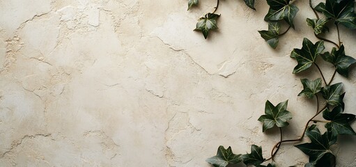 Aufkleber - Beige textured background with green ivy leaves.