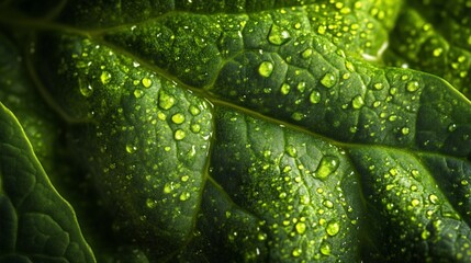 Poster - Close-up of a vibrant green leaf covered in water droplets, showcasing its texture and veins.
