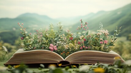 Wall Mural - Open Book with Wildflowers, Landscape Background Floral Composition, Nature Photography, Fantasy Concept Keywords Book, Flowers