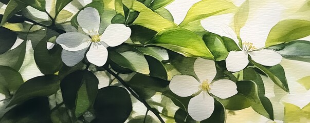 Wall Mural - Watercolor Blossom Abstract Green and White Floral Composition, Botanical Art, Nature Painting Watercolor, botanical art