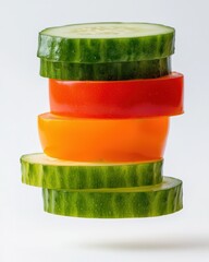 Canvas Print - Vibrant stack of fresh cucumber, tomato, and orange slices, floating against a white background.  A healthy and colorful food image.