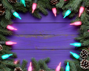 A festive arrangement of colorful lights and pinecones on a purple wooden background.