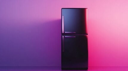 A high-end refrigerator with a matte black finish, standing in front of a pastel lavender gradient, ambient lighting in 3D render