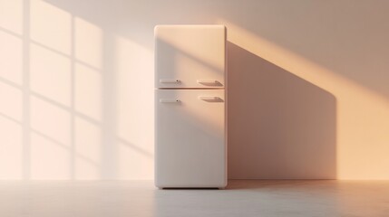 Wall Mural - A minimalist fridge in pure white, illuminated by ambient light, placed against a soft cream-colored background, 3D render 