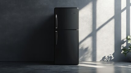 A minimalist refrigerator with a black matte finish, standing against a smooth grey background, soft lighting highlighting its design, 3D render