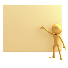Leinwandbilder - A gold 3D figure points to a large blank beige rectangular board suitable for advertisements or announcements.