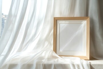 Poster - A light oak picture frame rests on a windowsill, surrounded by flowing sheer white curtains illuminated by soft natural light, creating a calm and inviting setting