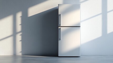 Wall Mural - A minimalist white refrigerator with smooth edges, placed in front of a light grey background with subtle ambient lighting in 3D render