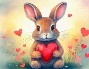 Wall Mural - delicate watercolor art of rabbit holding a heart shaped love token adorable love