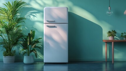 Wall Mural - A modern, tall white refrigerator with smooth, clean design, standing against a pastel green backdrop, realistic 3D render with soft lighting