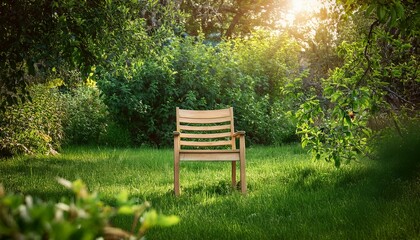 vintage wooden chair in green country garden