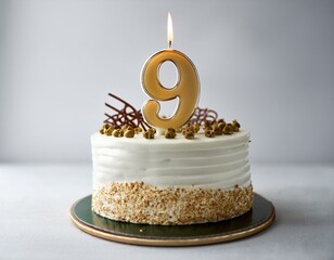 Decorated white cake for birthday or anniversary party, candle number 9, white background