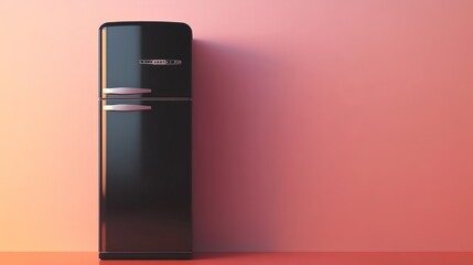 Wall Mural - A sleek, futuristic black refrigerator, rendered in 3D against a pastel peach backdrop, soft lighting and minimal detail