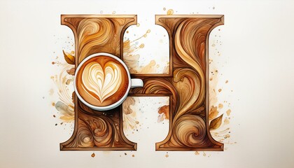 Wall Mural - watercolor illustration of letter h with latte art coffee