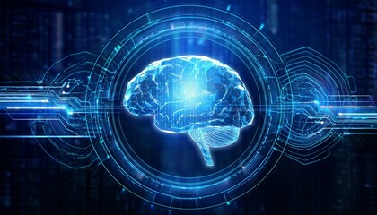 Poster - futuristic brain hologram with data visualization on technology background
