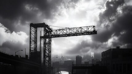 Poster - Monochrome cityscape with industrial crane silhouetted against dramatic sky.