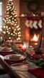 © Agnieszka - Festive christmas table decor with tree and fireplace background