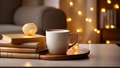 Wall Mural - minimalist coffee table scene withsingle cup of hot cocoa stack of books and soft golden fairy lights copyspace