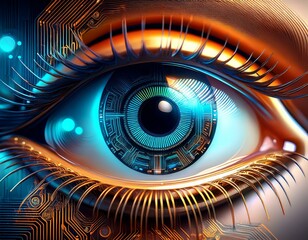 Poster - futuristic digital eye close up with circuit patterns generative ai image