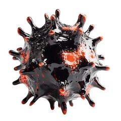 Poster - A 3D rendered abstract image depicts a virus-like structure with a dark and glossy texture, featuring red and black colors.