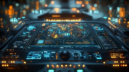 Futuristic control panel interface with glowing displays.