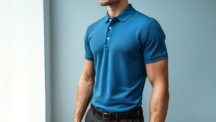 Blue blank polo t-shirt on human body for graphic design mock up 