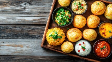 Poster - Cheese balls served with a variety of dips on a wooden tray, styled with blank space for copy.