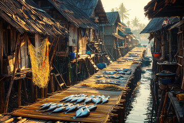 Traditional fishing village in Southeast Asia with wooden stilt houses and drying fishing nets under warm sunlight