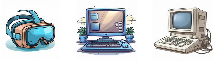 Aufkleber - A depiction of computing evolution: VR headset, desktop computer, and vintage PC.  Illustrates technological advancement in personal computing.