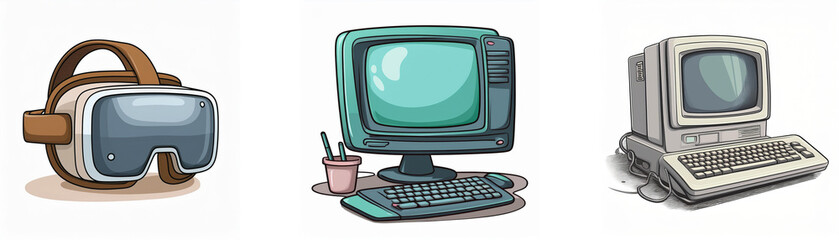 Aufkleber - Evolution of computing: VR headset, vintage desktop, and modern PC.  A visual representation of technological advancement.