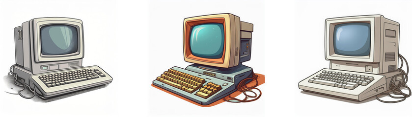 Aufkleber - Three vintage computers, each with a CRT monitor and integrated keyboard, represent early personal computing technology.  They showcase the evolution of design and technology during the early personal