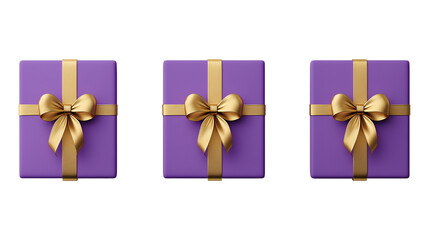 Wall Mural - Rectangular purple gift boxes with golden ribbons image set isolated transparent. Festive packaging cut outs photo png collection. Special occasion giftboxes cutouts elements objects