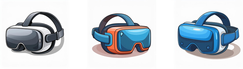 Aufkleber - Three virtual reality headsets in different colors are shown.  Each headset has a head strap and lenses for immersive experiences.