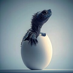 A tiny, dark-scaled lizard emerges from a large, white egg against a muted blue backdrop.  The image evokes themes of new beginnings and wonder.