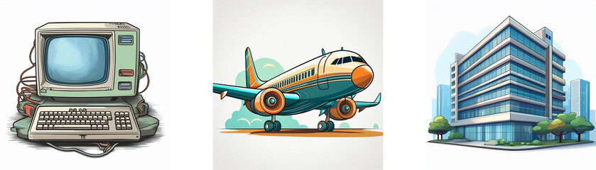 Aufkleber - Retro computer, airplane, and modern building illustrate technological advancement and travel.