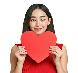 Japanese woman holding red heart with warm smile image isolated transparent. Lovestruck female cut out photo png. Romantic cheerful asian young adult lady cutout photography