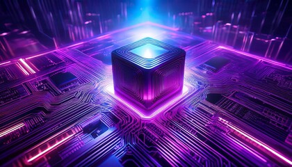 Poster - the digital core a glowing cube bathed in ethereal purple light rests at the heart of a futuristic c