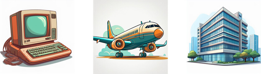 Aufkleber - Retro computer, airplane, and modern building illustrate technological advancements and urban development.