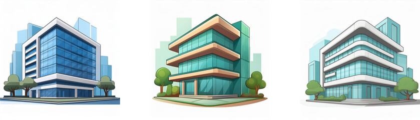 Poster - Three modern office buildings illustrated, showcasing diverse architectural styles in a cityscape setting.  Trees and landscaping are subtly included.