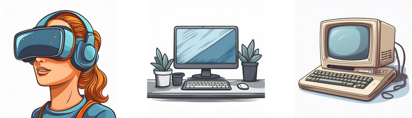 Aufkleber - A woman uses VR headset, modern desktop PC sits on a desk, and an old computer is shown; illustrating technological evolution.