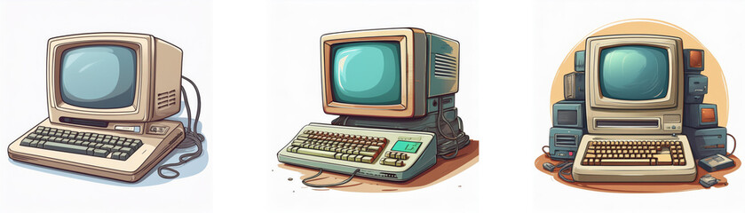 Aufkleber - Three retro-styled computers, beige and vintage, showcasing classic computing technology.  One is a standalone unit, another is shown with peripherals, and a third is a complete system.